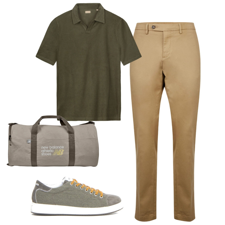 Outfit uomo - Luglio. Stile Business/Elegante per Ufficio. Abbinamento con borse sportive, pantaloni chino, sneakers, polo.