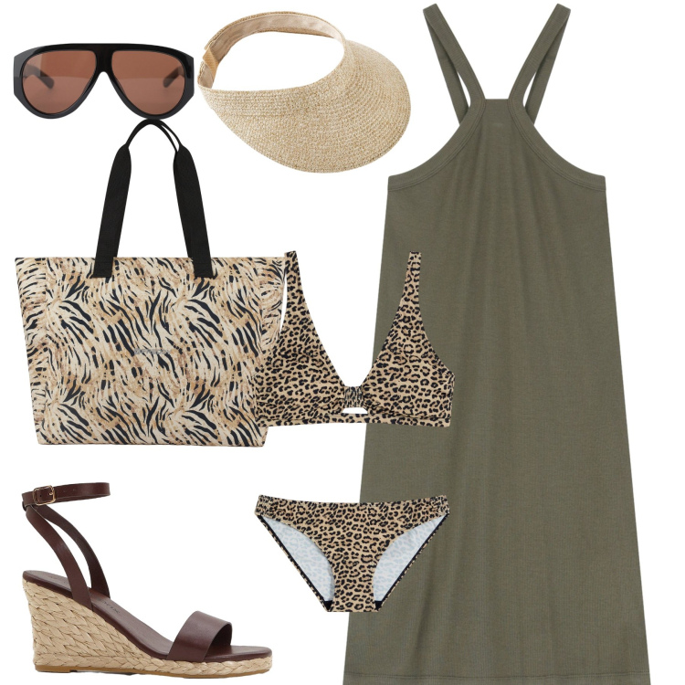 Outfit donna - In piscina. Stile Casual per Tutti i giorni. Abbinamento con bikini, sandali, cappelli con visiera, occhiali da sole, vestiti corti, shopping bag.