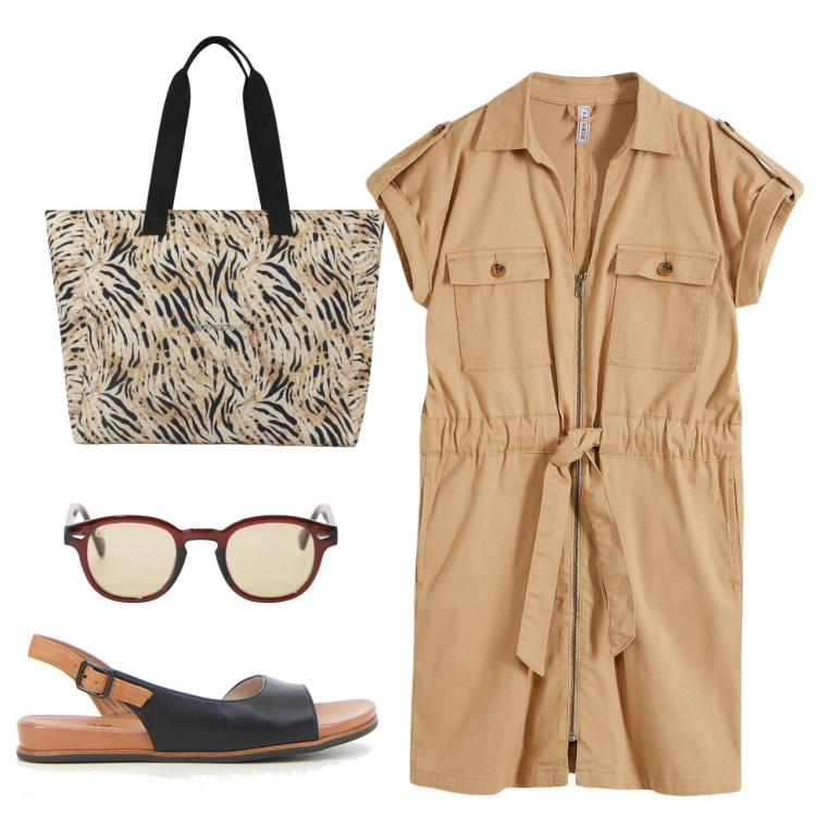 Outfit donna - Total look safari style. Stile Bon Ton per Ufficio. Abbinamento con vestiti, occhiali da sole, shopping bag, sandali.