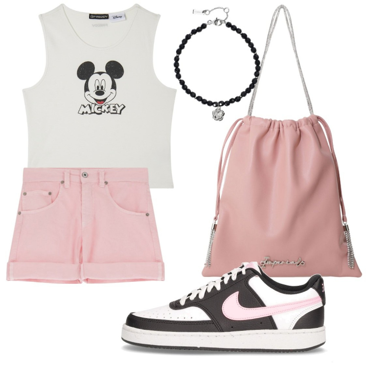 Outfit donna - City. Stile Casual per Tutti i giorni. Abbinamento con braccialetti, shorts, borse a secchiello, canottiere, sneakers.