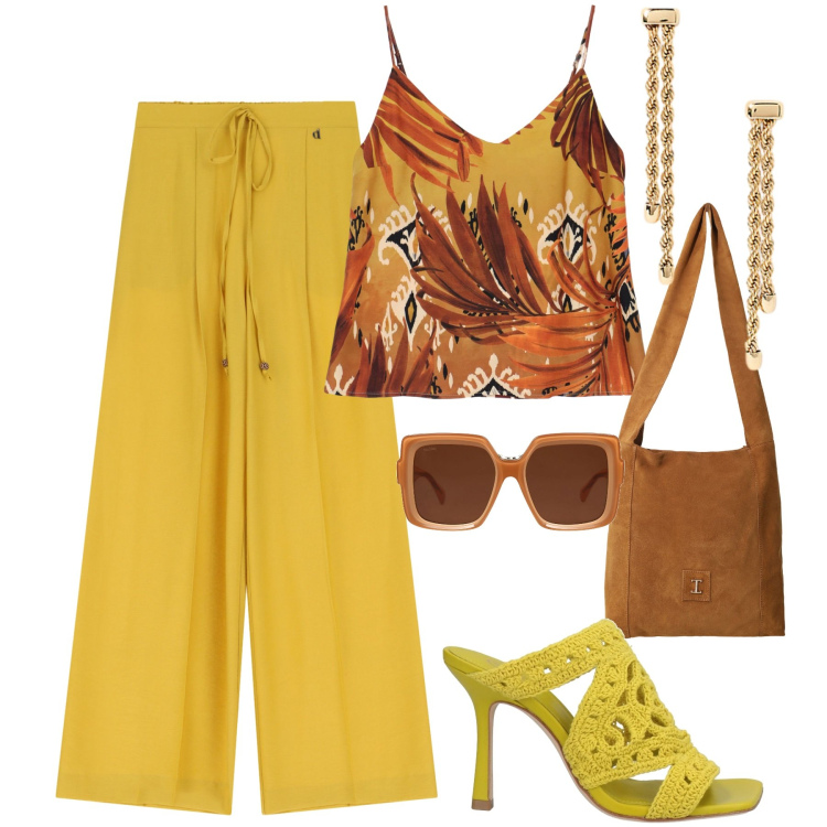 Outfit donna - Luglio boho. Stile Boho per Tutti i giorni. Abbinamento con sandali in pelle, occhiali da sole, canottiere, borse a tracolla, pantaloni, orecchini.