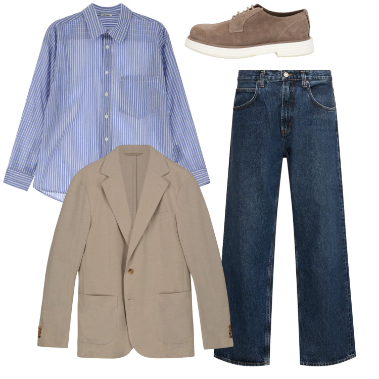 Outfit uomo - Total look. Stile Casual per Tutti i giorni. Abbinamento con scarpe stringate, camicie, giacche, jeans.