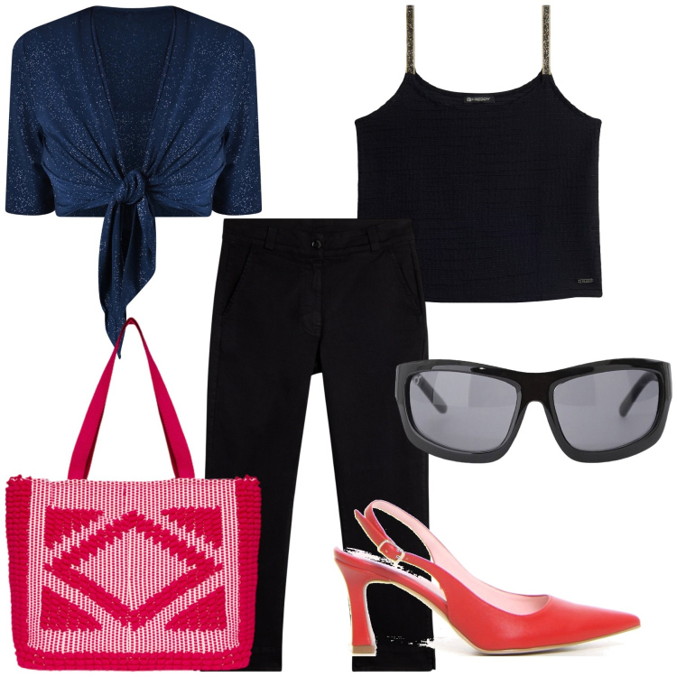 Outfit donna - In top in ufficio. Stile Urban per Ufficio. Abbinamento con bolero, occhiali da sole, pantaloni, canottiere, décolleté, borse a mano.