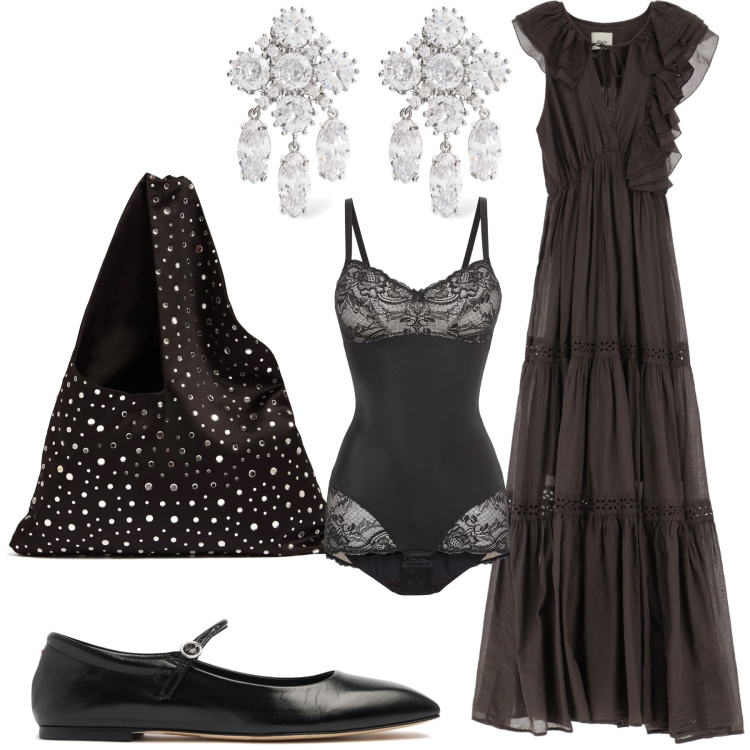 Outfit donna - Ballerina per la serata. Stile Bon Ton per Serata fuori. Abbinamento con body, vestiti lunghi, borse a spalla, ballerine, orecchini.