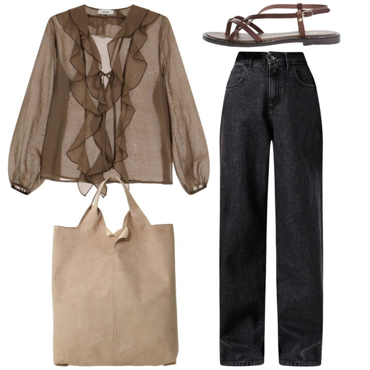 Outfit donna - Moka e denim. Stile Bon Ton per Tutti i giorni. Abbinamento con shopping bag, sandali, camicie, jeans.