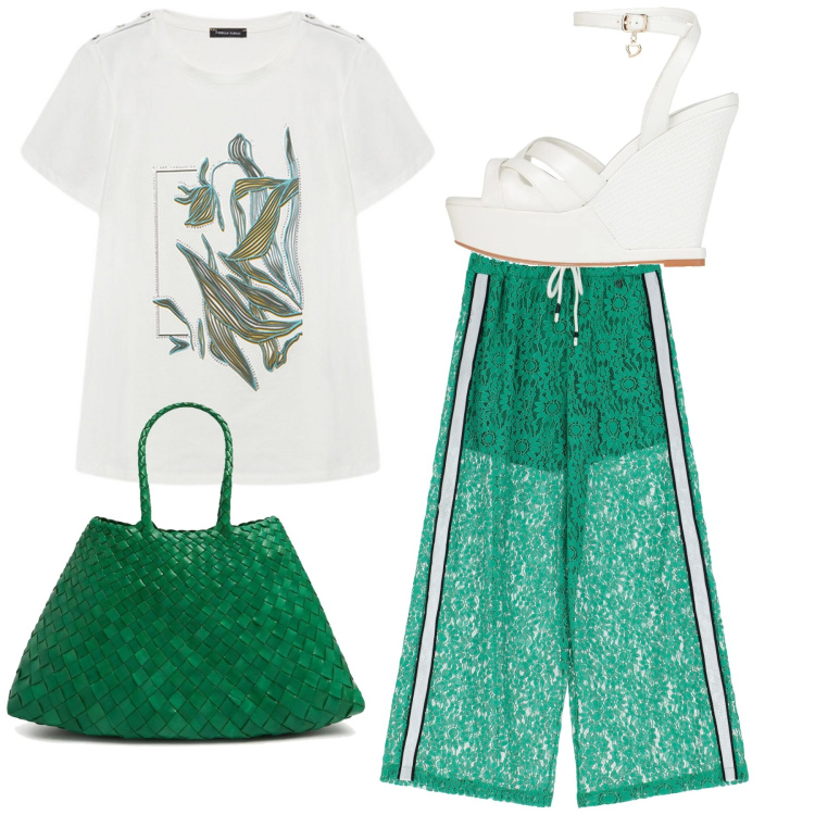 Outfit donna - Total look. Stile Casual chic per Tutti i giorni. Abbinamento con sandali in pelle, pantaloni, t-shirt, borse a spalla.