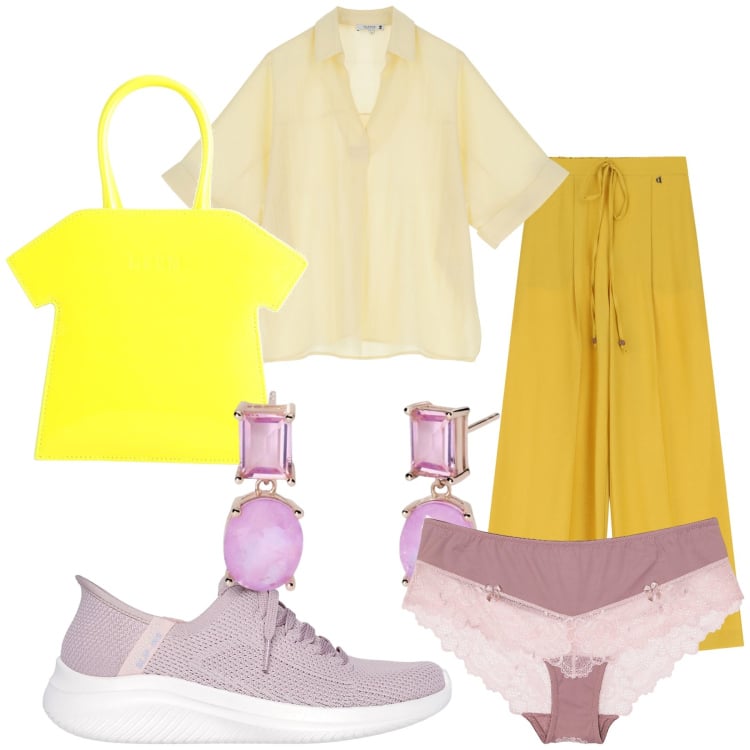 Outfit donna - Lilla e giallo. Stile Casual chic per Tutti i giorni. Abbinamento con borse a mano, culotte, orecchini, camicie a manica corta, pantaloni, sneakers.