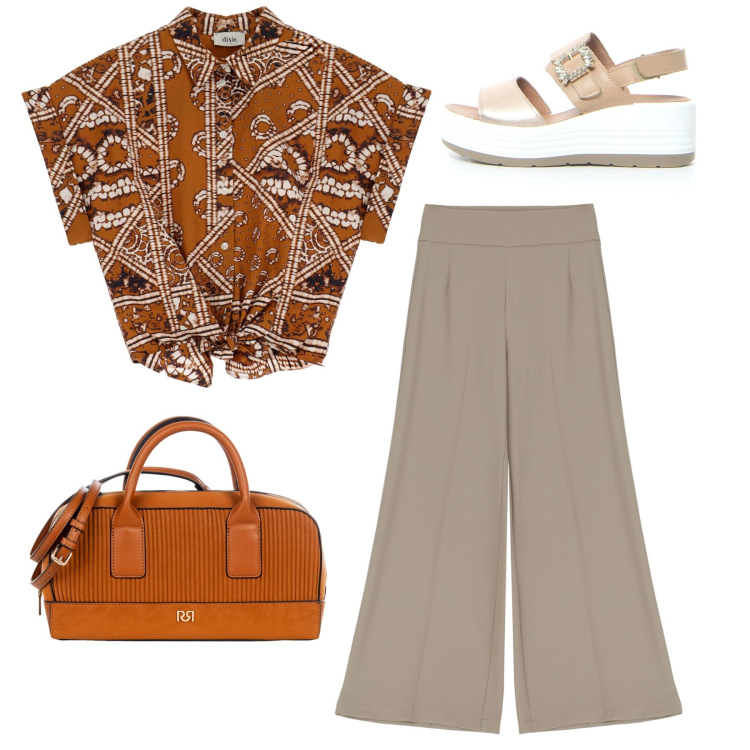 Outfit donna - Total look. Stile Bon Ton per Tutti i giorni. Abbinamento con borse a mano, pantaloni a palazzo, camicie a manica corta, sandali.