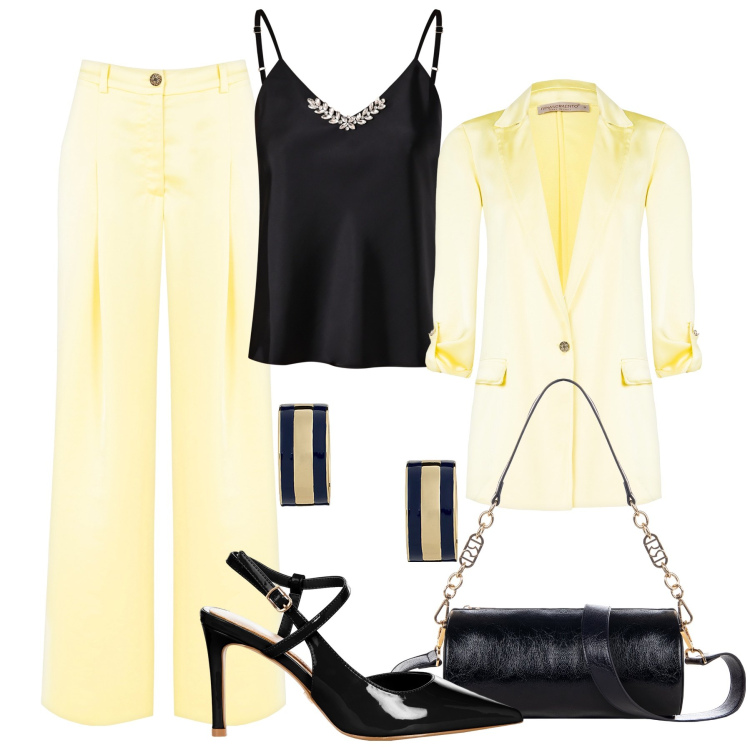 Outfit donna - Evento Rinascimento in raso. Stile Chic per Cerimonia. Abbinamento con pantaloni, blazer, canottiere, borse a mano, décolleté, orecchini.