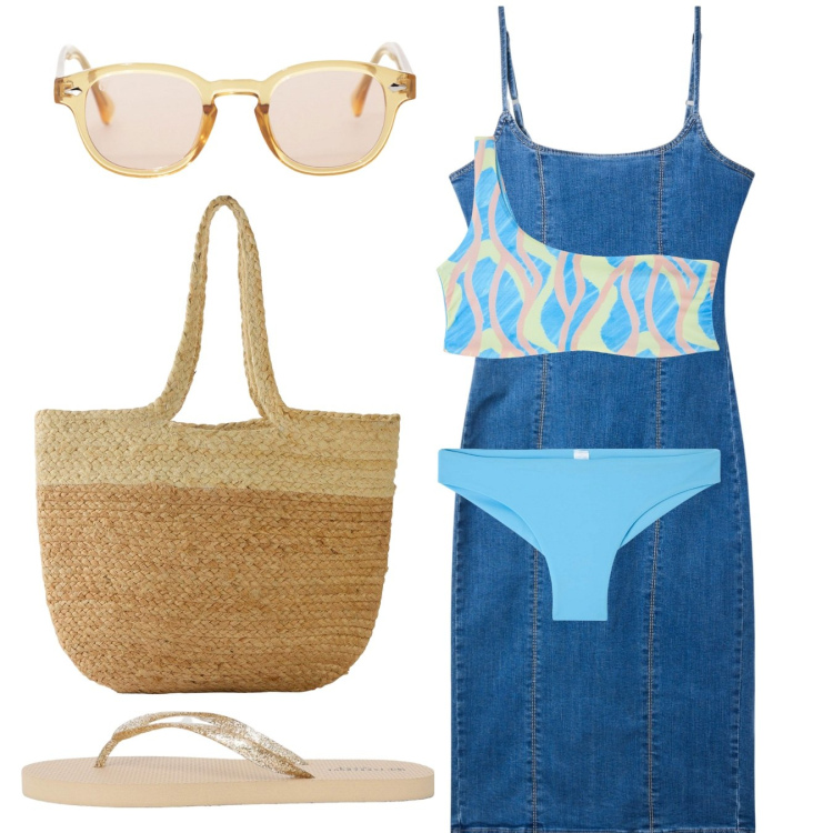 Outfit donna - Primo giorno di mare. Stile Boho per Mare. Abbinamento con shopping bag, bikini, bikini, vestiti a tubino, infradito, occhiali da sole.