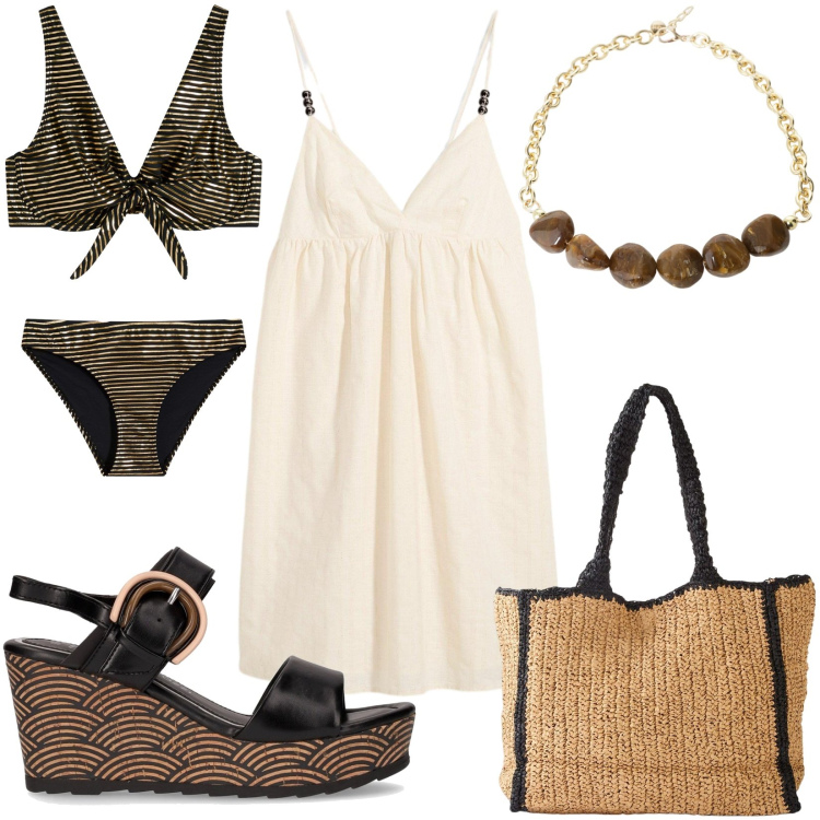 Outfit donna - Look da spiaggia. Stile Casual chic per Mare. Abbinamento con shopping bag, bikini, vestiti corti, collane, sandali col tacco.