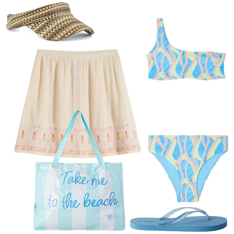 Outfit donna - Primo giorno di mare. Stile Boho per Mare. Abbinamento con minigonne, bikini, infradito, borse tote, bikini, cappelli con visiera.