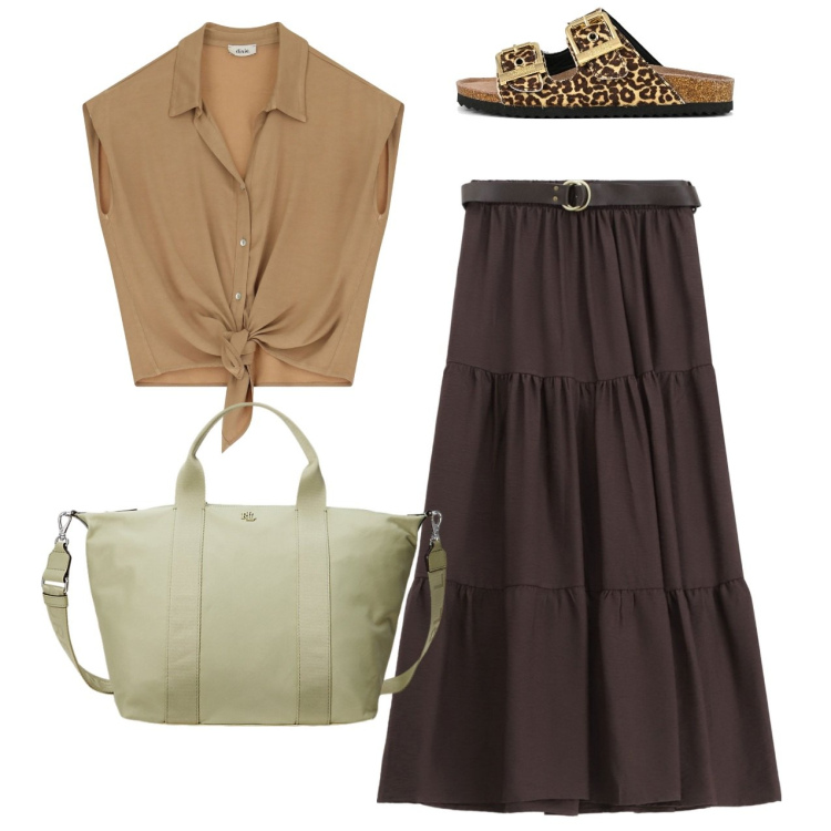Outfit donna - Tabacco. Stile Bon Ton per Tutti i giorni. Abbinamento con gonne lunghe, camicie, borse tote, sandali in pelle.