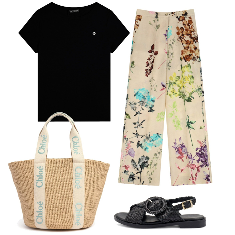Outfit donna - Total look. Stile Bon Ton per Tutti i giorni. Abbinamento con t-shirt, pantaloni a palazzo, sandali, shopping bag.