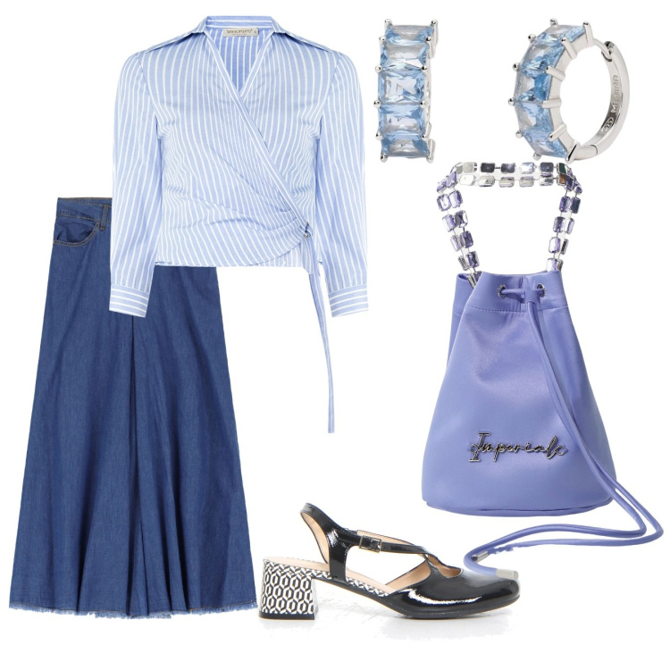 Outfit donna - Azzurro quotidiano. Stile Bon Ton per Tutti i giorni. Abbinamento con borse a secchiello, gonne lunghe, orecchini, camicie, décolleté.