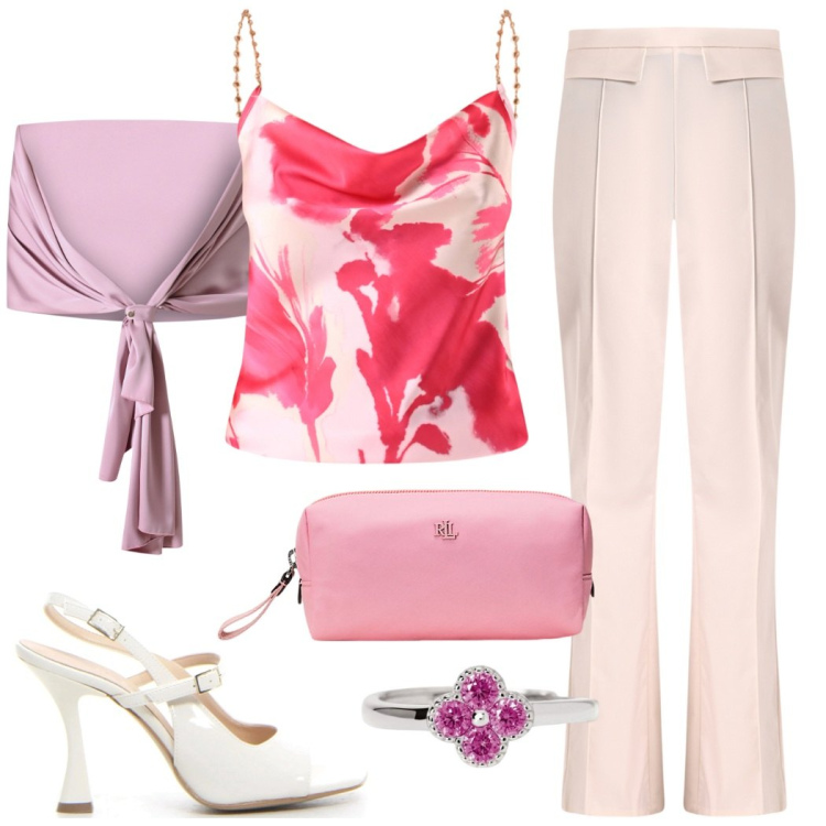 Outfit donna - Sofisticata. Stile Chic per Cerimonia. Abbinamento con anelli, scialli, pantaloni, canottiere, pochette, sandali col tacco.