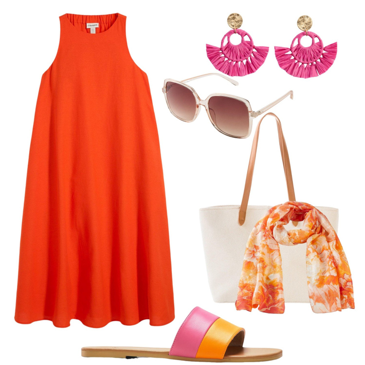 Outfit donna - Estate colorata. Stile Trendy per Tutti i giorni. Abbinamento con vestiti midi/longuette, ciabatte, occhiali da sole, orecchini, shopping bag, sciarpe.