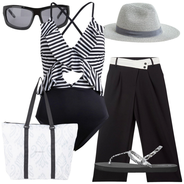 Outfit donna - Intero. Stile Vintage retrò per Mare. Abbinamento con costumi interi, pantaloni, cappelli, sandali, occhiali da sole, shopping bag.