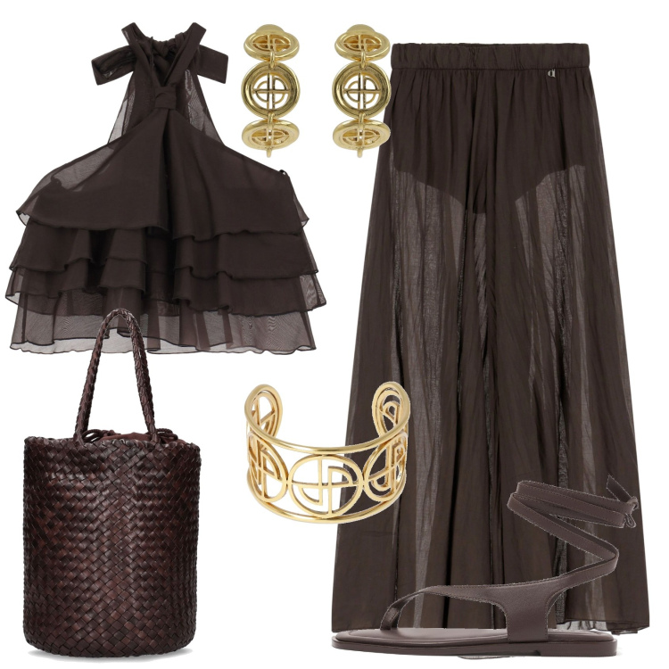 Outfit donna - Total brown. Stile Boho per Serata fuori. Abbinamento con top, pantaloni, borse a mano, braccialetti, orecchini, sandali in pelle.