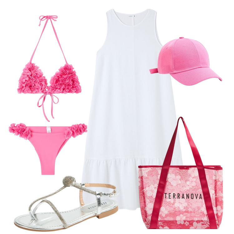 Outfit donna - Saldi per la spiaggia. Stile Romantica per Mare. Abbinamento con bikini, shopping bag, vestiti lunghi, bikini, ciabatte, cappelli.