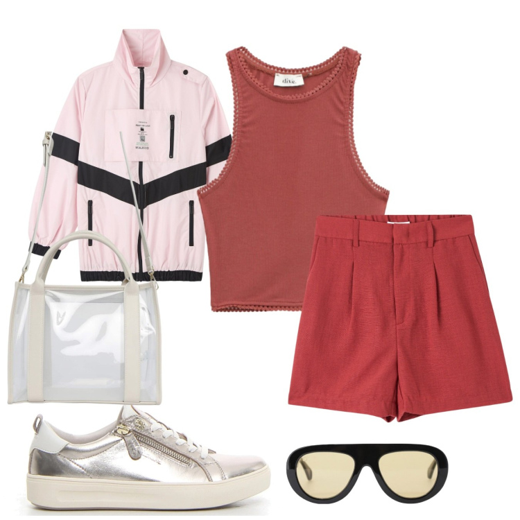 Outfit donna - Viaggio leggero. Stile Casual per Tutti i giorni. Abbinamento con bermuda, borse tote, blazer, occhiali da sole, top, sneakers.