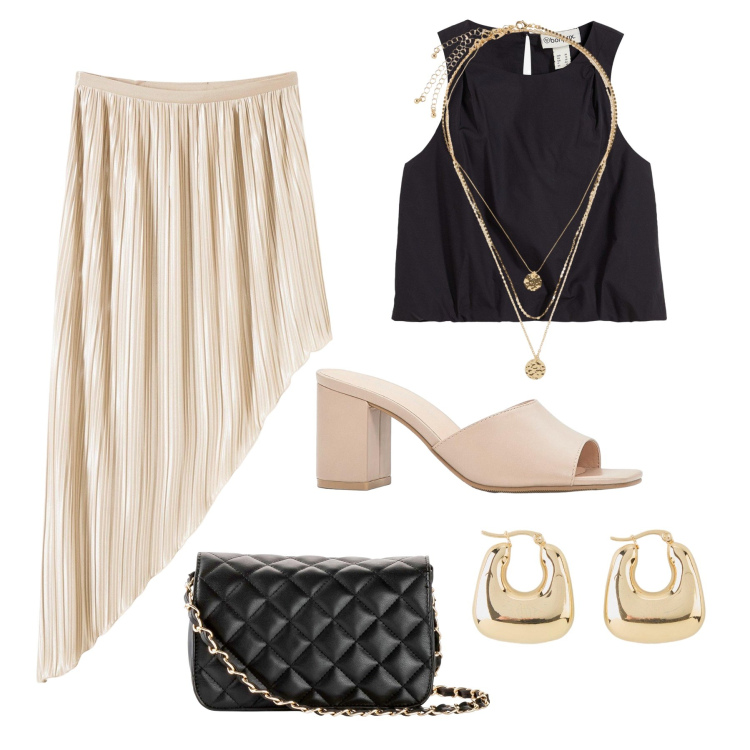 Outfit donna - Saldi ! Serata asimmetrica. Stile Glamour per Serata fuori. Abbinamento con gonne, orecchini, sandali col tacco, top, borse a tracolla, collane.