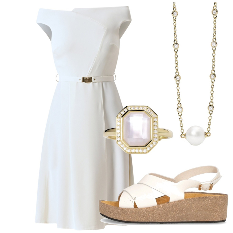 Outfit donna - Vestito bianco. Stile Chic per Serata fuori. Abbinamento con anelli, collane, vestiti, sandali.