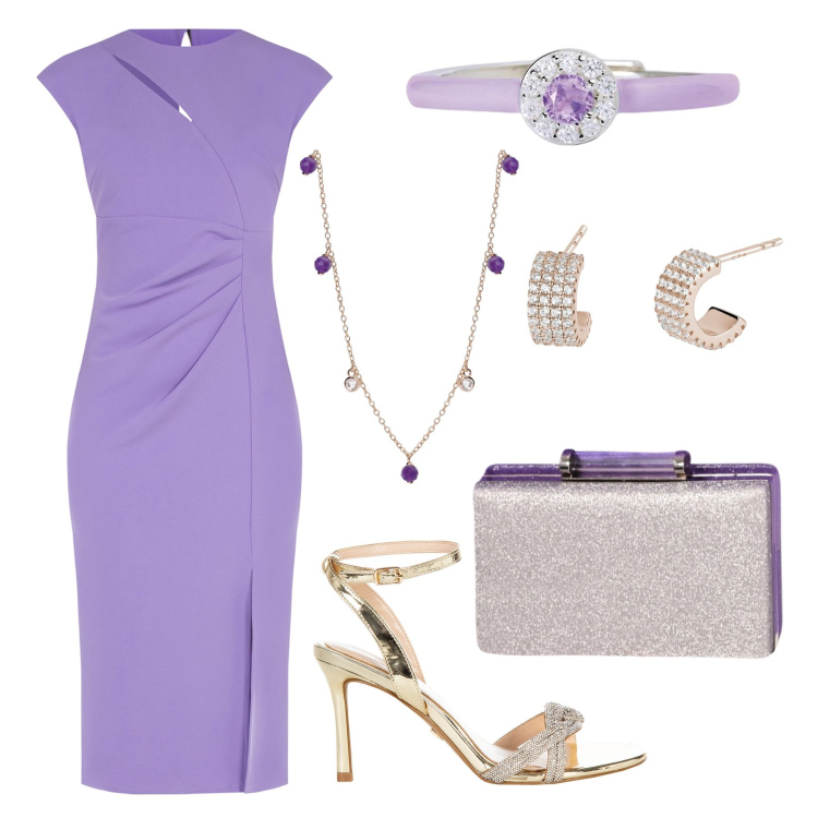 Outfit donna - Cerimonia lavanda. Stile Chic per Cerimonia. Abbinamento con collane, anelli, orecchini, sandali col tacco, pochette, vestiti midi/longuette.