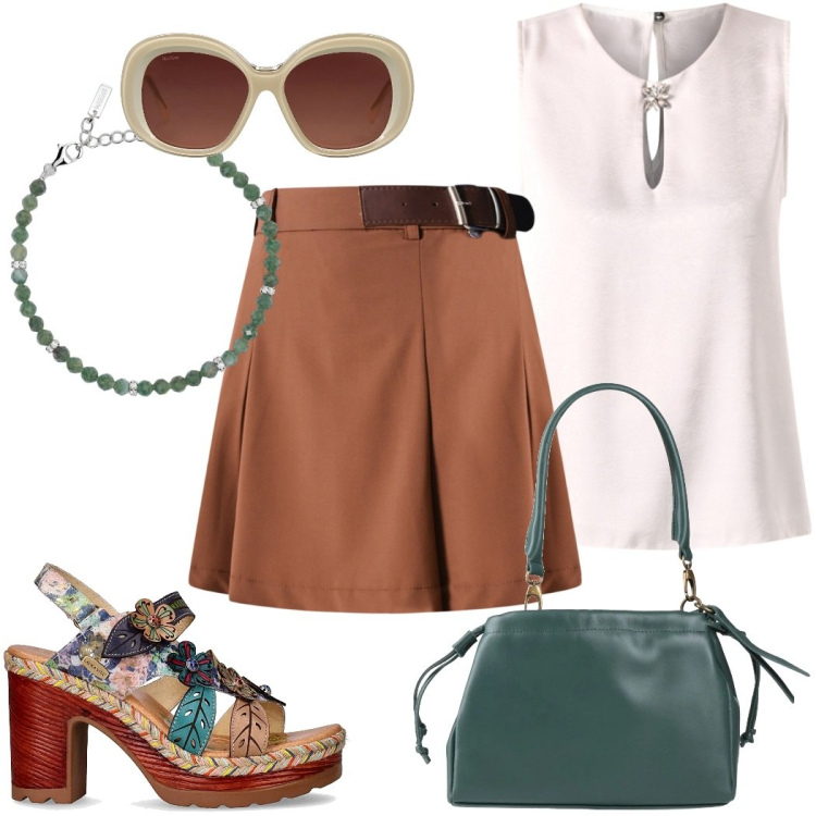 Outfit donna - Anni \'70 style. Stile 70s per Tutti i giorni. Abbinamento con borse a mano, occhiali da sole, braccialetti, minigonne, top, sandali col tacco.
