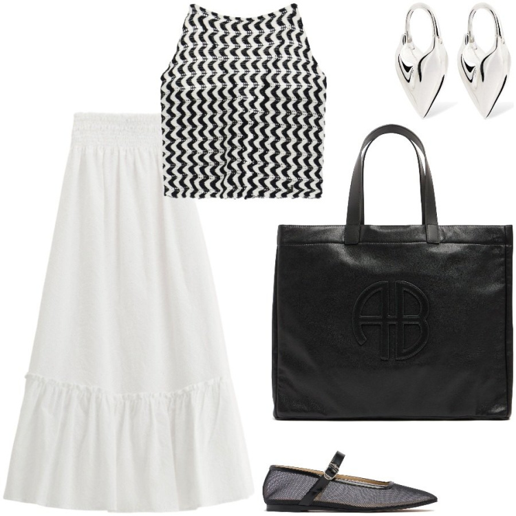 Outfit donna - Gonna bianca must have. Stile Casual chic per Tutti i giorni. Abbinamento con gonne lunghe, top, shopping bag, ballerine, orecchini.