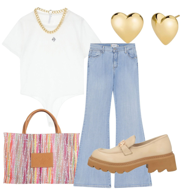 Outfit donna - Abbigliamento leggero. Stile Casual chic per Serata fuori. Abbinamento con mocassini, borse a mano, orecchini, jeans a zampa, body.