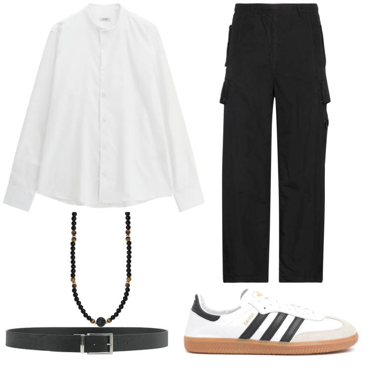 Outfit uomo - Serata in città. Stile Casual per Serata speciale. Abbinamento con cinture, pantaloni cargo, collane, camicie, sneakers.
