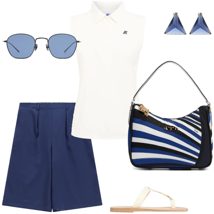 Outfit donna - Sporty. Stile Sporty chic per Tutti i giorni. Abbinamento con ciabatte, orecchini, bermuda, polo, occhiali da sole, borse a spalla.