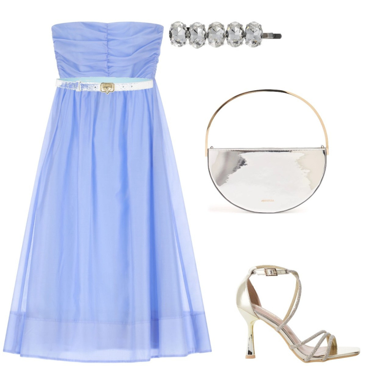 Outfit donna - Cenerentola e’ tornata. Stile Romantica per Cerimonia. Abbinamento con cinture, vestiti senza maniche, sandali col tacco, pochette, accessori per capelli.