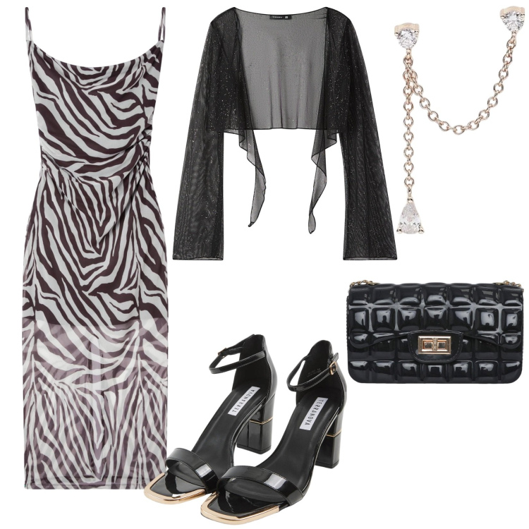 Outfit donna - Sere d\'estate. Stile Glamour per Serata fuori. Abbinamento con vestiti lunghi, sabot, bolero, borse a tracolla, orecchini.