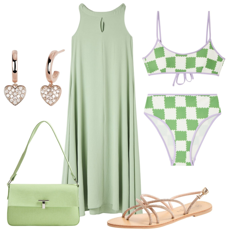 Outfit donna - Aperitivo post spiaggia. Stile Trendy per Mare. Abbinamento con vestiti senza maniche, sandali, borse a spalla, bikini, bikini, orecchini.