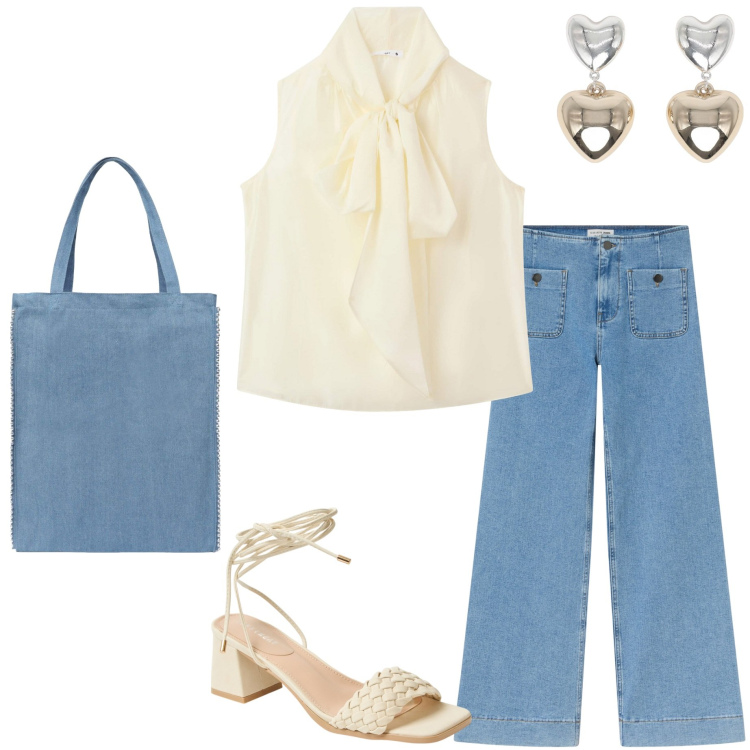 Outfit donna - Terranova Summer Sale. Stile Casual per Ufficio. Abbinamento con jeans, bluse, borse tote, orecchini, sandali alla schiava.