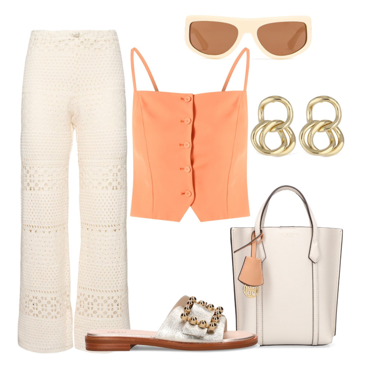 Outfit donna - Crochet on sales. Stile Casual chic per Tutti i giorni. Abbinamento con canottiere, pantaloni, borse a mano, ciabatte, orecchini, occhiali da sole.