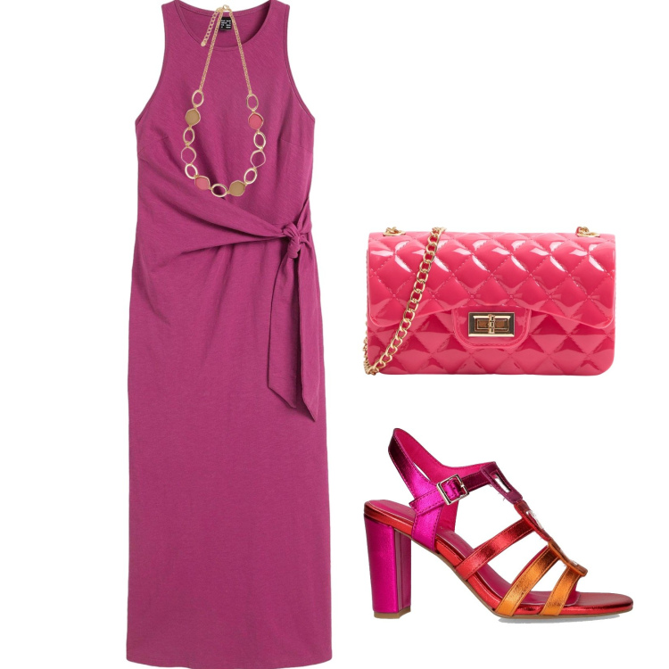 Outfit donna - Saldi. Stile Basic per Serata fuori. Abbinamento con vestiti, borse a tracolla, collane, sandali col tacco.