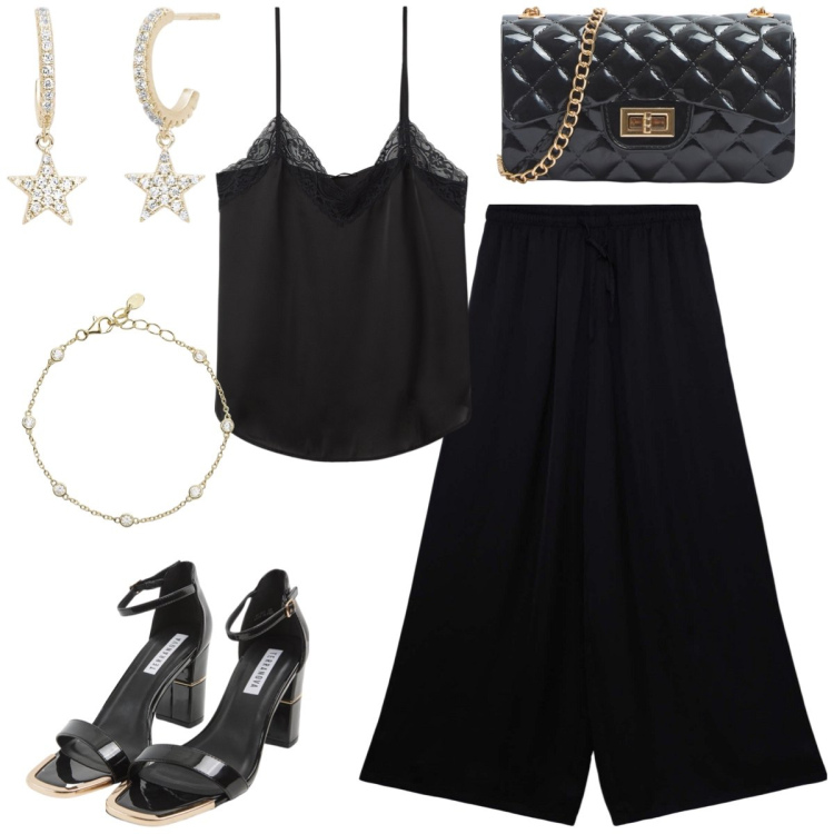 Outfit donna - Total look #2194378. Stile Chic per Serata fuori. Abbinamento con borse a tracolla, sabot, canottiere, pantaloni, orecchini, braccialetti.