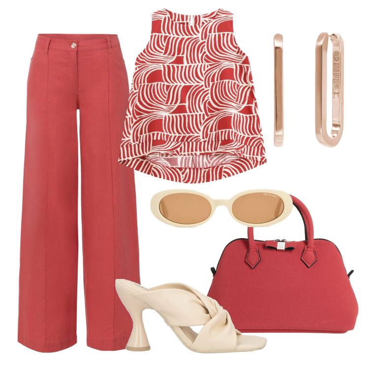 Outfit donna - Fresca glam in ufficio. Stile Glamour per Ufficio. Abbinamento con pantaloni a palazzo, sandali in pelle, borse a mano, orecchini, top, occhiali da sole.