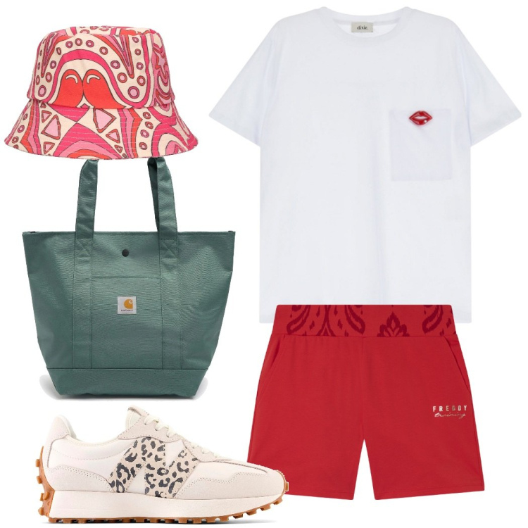 Outfit donna - Total look #2194388. Stile Sporty chic per Tutti i giorni. Abbinamento con shorts, t-shirt, borse tote, cappelli, sneakers.