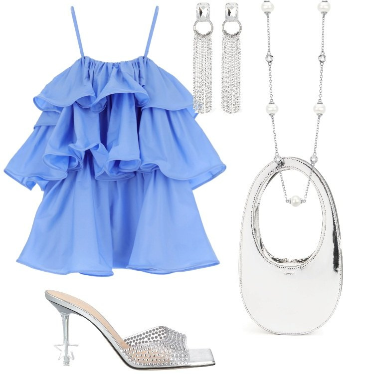 Outfit donna - Total look #2194389. Stile Glamour per Cerimonia. Abbinamento con sandali in pelle, collane, vestiti corti, borse a mano, orecchini.