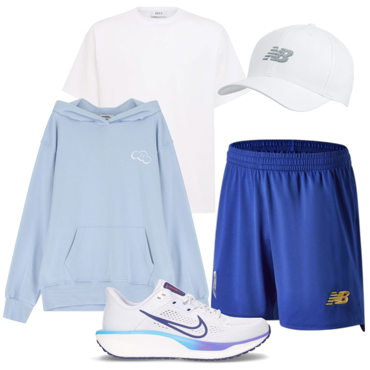 Outfit uomo - Running day. Stile Casual per Sport. Abbinamento con pantaloni corti, cappelli con visiera, felpe con cappuccio, t-shirt, scarpe sportive.