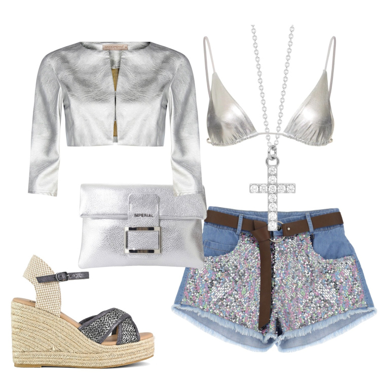 Outfit donna - Si balla in spiaggia fino al mattino!. Stile Glamour per Serata fuori. Abbinamento con collane, bolero, pochette, shorts, zeppe, bikini.