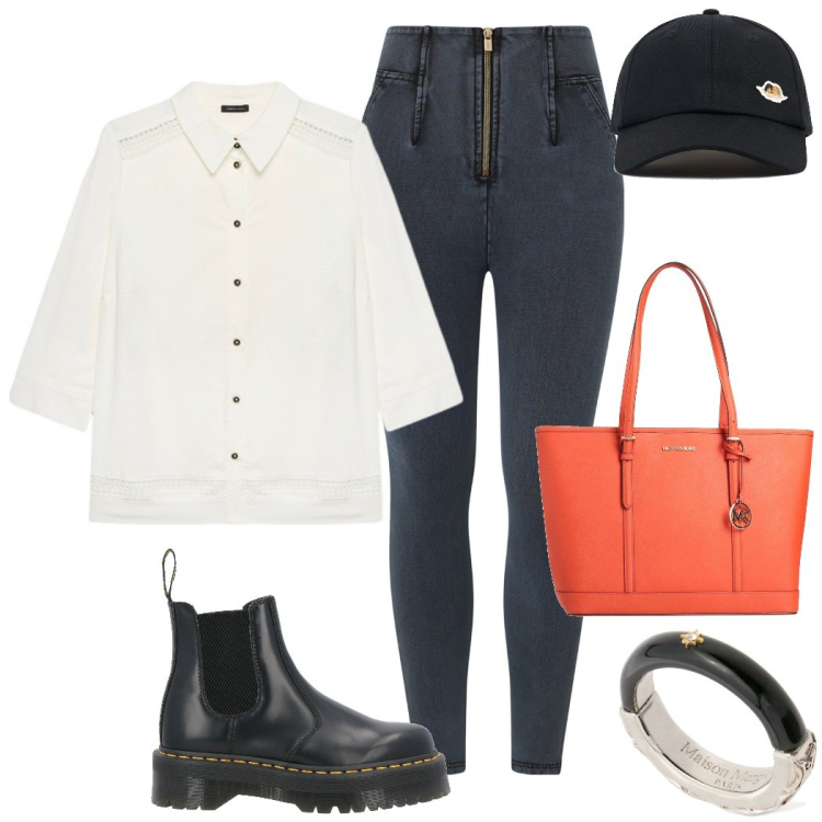 Outfit donna - La borsa mandarino. Stile Casual chic per Ufficio. Abbinamento con stivaletti, borse a spalla, jeggings, camicie, anelli, cappelli con visiera.