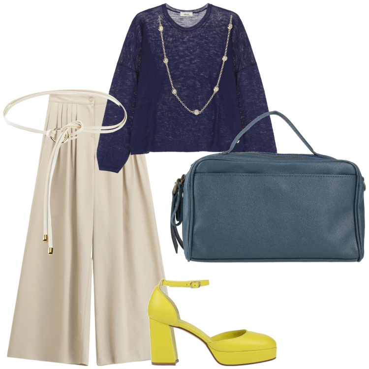 Outfit donna - Tutti i giorni. per Serata fuori. Abbinamento con cinture, borse a mano, décolleté, collane, pantaloni a palazzo, pullovers.