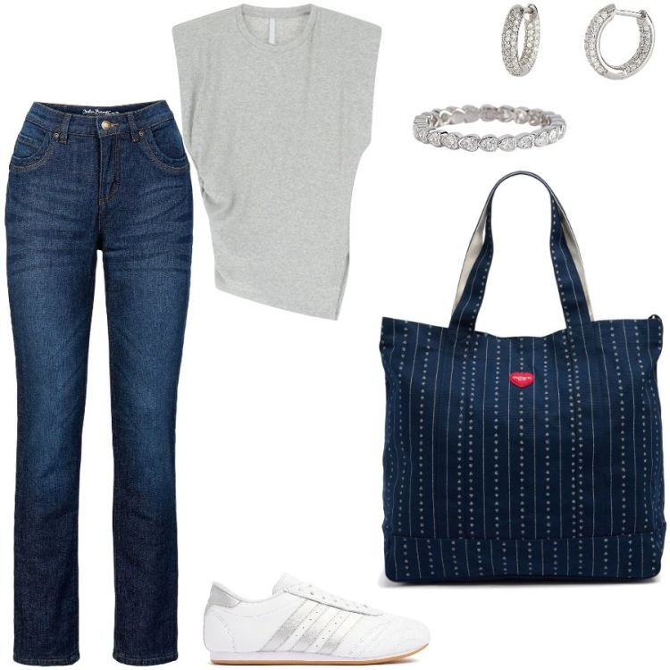 Outfit donna - Un giorno di gita. Stile Casual per Serata fuori. Abbinamento con jeans dritti, orecchini, anelli, top, borse tote, sneakers.