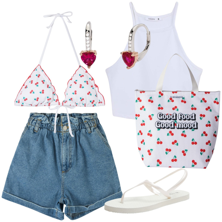 Outfit donna - Ciliegie che passione. Stile Glamour per Mare. Abbinamento con sandali, top sportivi, shorts, borse tote, bikini, orecchini.
