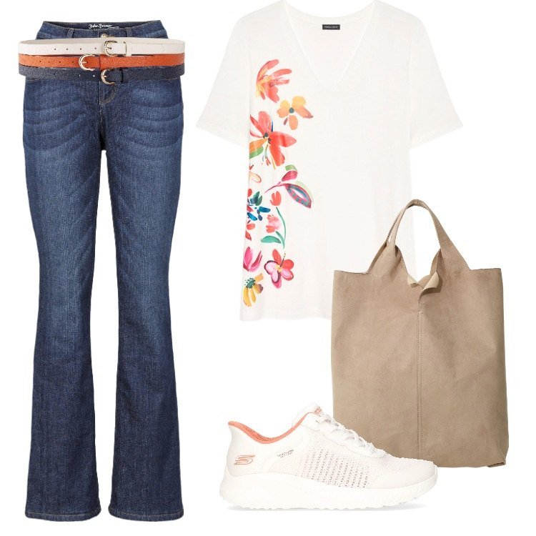 Outfit donna - Total look #2194435-Luglio. Stile Boho per Tutti i giorni. Abbinamento con cinture, jeans bootcut, shopping bag, t-shirt, sneakers.